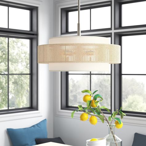 Beachcrest Home Reenat 5 - Light Dimmable Drum Chandelier & Reviews | Wayfair Kitchen Eating Area Lighting, Chandeliers With Shades, Linear Dining Chandelier, Drum Chandelier Dining Room, Kitchen Island Lighting Ideas, Dining Table Chandelier, Fireplace Room, Beach Bungalow, Room Refresh