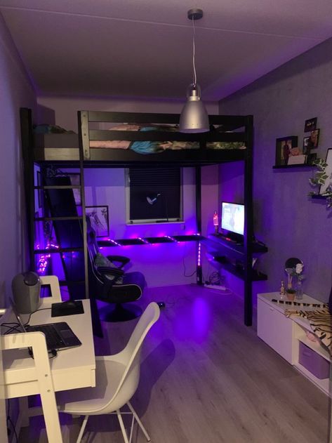 Gaming Room Loft Bed, Gamer Beds, Loft Bed Gamer Room, Gamer Loft Bed, Bedroom For Gamers, Loft Bed With Gaming Area, Loft Bed Ideas For Small Rooms Boys, Loaf Bedroom Ideas, Loft Bed Gaming Setup