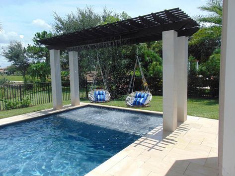 Swings/bench/bed Pool Pergola, Pool Shade, Patio Pavers Design, Patio Steps, Pool Remodel, Patio Pool, Backyard Pool Landscaping, Pergola Plans, Pergola Patio