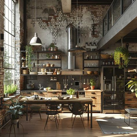 Modern Industrial Interior Design Ideas, Home Industrial Kitchen, Industurial Loft, Concrete House Interior, Loft Above Kitchen, Industrial Loft With Plants, Industurial Loft Apartment, Small Industrial Kitchen Design Brick Walls, Industrial Loft Kitchen