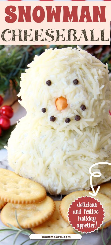 snowman cheeseball Christmas Party Appetizer Ideas, Cheese Ball Christmas, Unique Holiday Recipes, Snowman Cheese Ball, Party Appetizer Ideas, Christmas Tree Veggie Tray, Snowman Cheeseball, Cheese Ball Recipe, Christmas Cheese