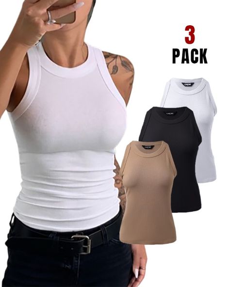 3-Pack Knit Round Neck Thick Strap Racerback Tank Tops Womens Tank Tops Summer, Tanks Tops, Striped Vests, Best Tank Tops, Slim Fit Top, Summer Tank Tops, Casual Tank Tops, Sleeveless Vest, Knitted Tank Top