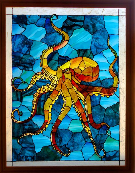 Mosaic With Felt, Octopus Glass Art, Octopus Mosaic Pattern, Octopus Stained Glass Pattern, Stained Glass Octopus, Octopus Mosaic, Mermaid Mosaic, Octopus Artwork, Orange Octopus