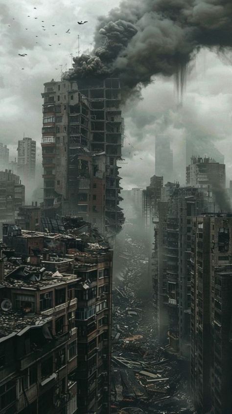 Dystopian City Art, Distopian Architecture Art, Abandoned City Aesthetic, Dystopian Background, Apocalypse Artwork, Falling Building, Post Apocalyptic Aesthetic, Apocalypse City, Zombie Concept