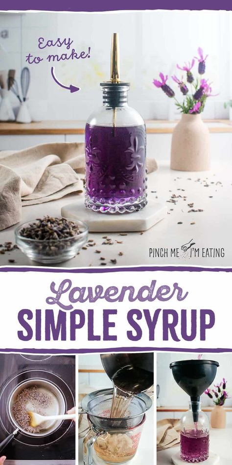 Learn how to make this homemade lavender simple syrup recipe for coffee, cocktails, and cold drinks like lemonade or iced tea! Plus, learn about where to buy dried culinary lavender, uses for your lavender syrup, and storage tips. Simple Syrup Recipe For Coffee, Syrup Recipe For Coffee, Simple Syrup For Coffee, Lavender Simple Syrup Recipe, Syrup For Coffee, Diy Extracts, Lavender Simple Syrup, Simple Syrup Recipe, Lavender Uses