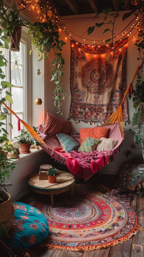 Daybed Decorating Ideas Bedroom, Boho Hang Out Room, Hammock Ideas Indoor, Small Hangout Room Ideas Cozy, Boho Hangout Room Ideas, Cozy Meditation Space, Hammocks In Bedrooms, Zen Reading Room, Hippy Apartment Decor