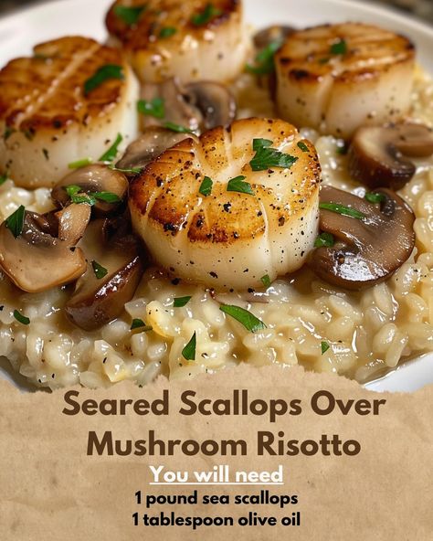 Scallops And Mushroom Risotto, Scallop With Risotto, Mushroom Sage Risotto, Large Scallops Recipes, Scallops And Risotto Recipes, Scallop Recipes Dinner, Seafood Risotto Recipes, Sea Scallop Recipes, Scallop Stir Fry