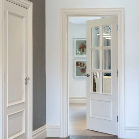 Glazed Internal Doors Hallway, Internal Doors With Glass Panels, Traditional Internal Doors, Internal Glass Doors Victorian House, 1930s Internal Doors, Internal Doors Ideas, Interior Glazed Doors, Vintage Double Internal Doors, White Internal Glass Double Doors