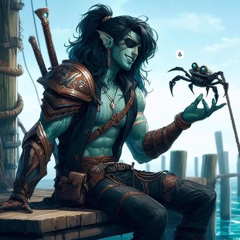 Dnd Beach Character, Sea Elves Art, Sea Elf Warlock, Ocean Themed Dnd Character, Dnd Pirate Crew, Sea People Fantasy Art, Sea Elves Dnd, Dnd Triton Character Design, Siren Dnd Character