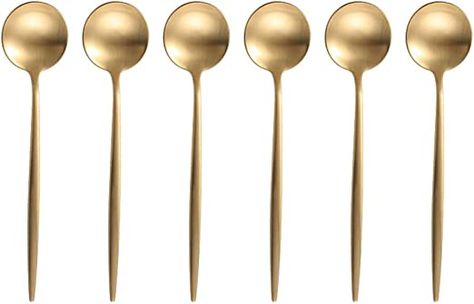 Amazon.com | BRIIEC Gold 18/10 Stainles Steel Coffee Spoons, Slim Cutlery for Kitchen Hotel Restaurant Wedding Party, Matte Finish, Dishwasher Safe, Pack of 6: Flatware Camping Salads, Salad Spoon, Pretty Coffee, Gold Spoon, Stainless Steel Utensils, Ice Cream Spoon, Western Food, Restaurant Wedding, Serving Spoon