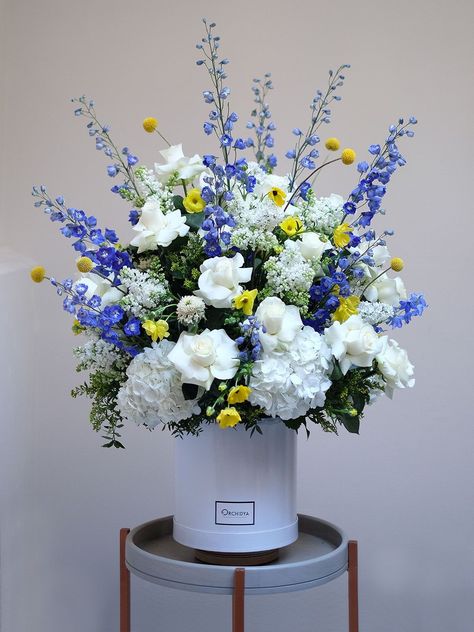 Yellow Flower Arrangements, Blue Flower Arrangements, Hydrangea Flower Arrangements, Tall Floral Arrangements, White Flower Arrangements, Blue Hydrangea Flowers, Blue Delphinium, White Hydrangeas, Church Flower Arrangements