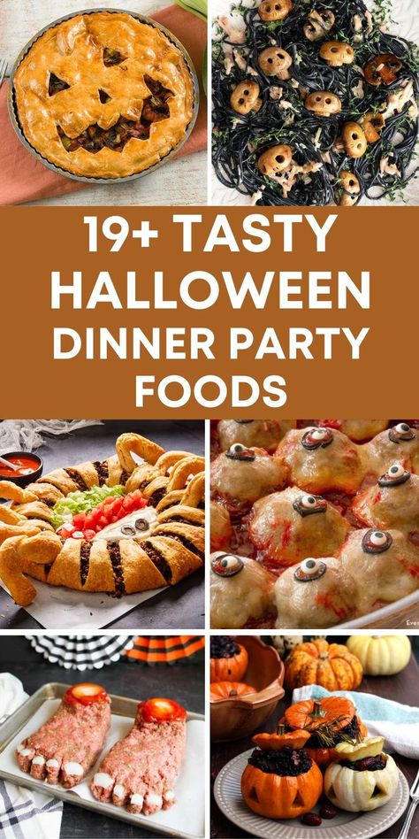 19 Halloween Dinner Party Foods Meatballs For Halloween Party, Pie, Halloween Party Meals For A Crowd, Spooky Entrees, Halloween Office Party Food, Halloween Town Themed Dinner, Halloween Inspired Appetizers, Halloween Themed Appetizers Party Snacks, Halloween Family Dinner Ideas