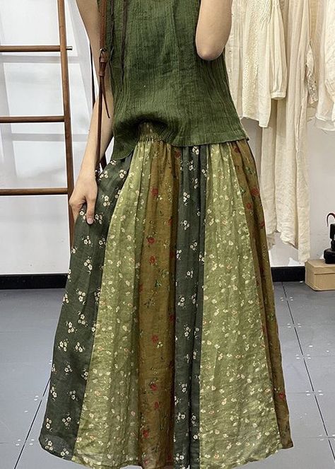 DIY Green Print Wrinkled Elastic Waist Linen Skirt Spring WW1011 – Gemi Glitz Linen Skirt, Green Print, Boho Stil, Haiti, Diy Fashion, Timeless Design, Dresser, Elastic Waist, Hand Wash