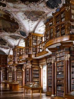 Abbey of St Gall Library, 1763. St Gallen, Switzerland. The library has many forms of decoration, including putti in niches above the cases, representing the mechanical disciplines and the fine arts.From "The Library: A World History" by Cambridge University architectural historian James Campbell and photographer Will Pryce. Photo: Will Pryce / This picture can only be used with prior permission and/or agreement of fees with Will Pryce. Dream Library, Quotes Reading, Asma Kat, Live Quotes, St. Gallen, Old Libraries, Beautiful Library, Library Aesthetic, Reading Library