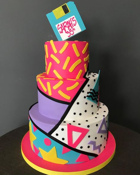 The 90s are back...and we’re ready with this totally rad cake for a throwback birthday bash! 💾 💜🕶 💿💛📓 #90sbirthdayparty #cake #customcake… 90s Cake, 90s Theme Party Decorations, 90s Party Ideas, 90s Party Decorations, 80s Party Decorations, 80s Birthday Parties, 30th Bday Party, Theme Birthday Cake, 90s Theme Party