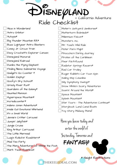 Disneyland Ride Checklist updated for 2019. This free printable list of rides at Disneyland and California adventure is perfect for your Disney Trip #Disney #Disneyland #California Disneyland Ride Checklist, Disneyland Balloons, Disneyland Fireworks, Disneyland Trip Planning, Disneyland Vacation Planning, Disney Parque, Disneyland Rides, Disneyland Planning, Disney Quiz