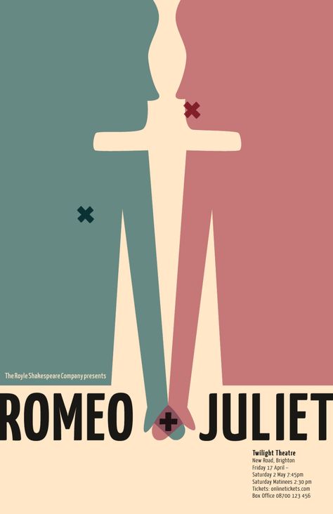 Symmetrical Poster Design, Symmetry Poster Design, Romeo And Juliet Graphic Design, Romeo And Juliet Poster Design, Shakespeare Poster Design, Play Posters Theatres, Symmetrical Poster, Romeo And Juliet Illustration, Romeo And Juliet Book Cover