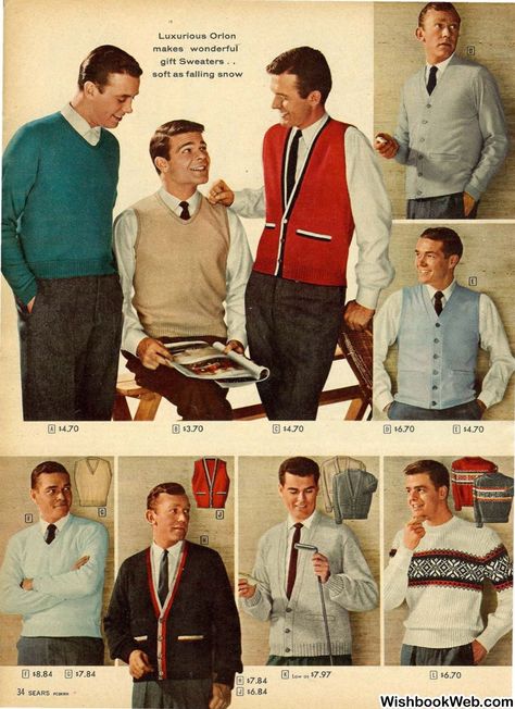 1958 Sears Christmas Book 1950's Outfits, 50s Style Men, Choir Outfits, Vintage Casual Outfits, 1960s Fashion Mens, 1950s Mens Fashion, Christmas Outfit Men, 60s Men, Sweater Outfits Men