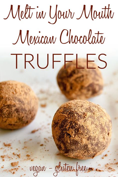 Melt-In-Your-Mouth Mexican Chocolate Truffles (vegan, gluten free) - These decadent dark chocolate truffles are sweet, rich, and creamy. They're an easy no-bake dessert recipe for the holidays. #chocolatetruffles #mexicanchocolate #veganchocolatetruffles Vegan Chocolate Truffles, Homemade Truffles, Easy Candy Recipes, Dessert Truffles, Dark Chocolate Truffles, Mexican Chocolate, Candy Truffles, Candy Recipes Homemade, Mexican Dessert