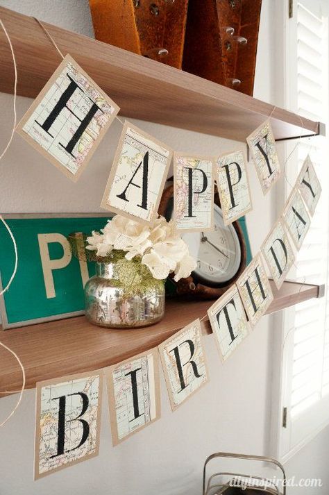 Recycled Map DIY Birthday Banner Map Banner, Diy Banners, Happy Birthday Banner Diy, Scrabble Tile Wall Art, Diy Map, Couples Retreat, Diy Birthday Banner, Party Prep, Farewell Party