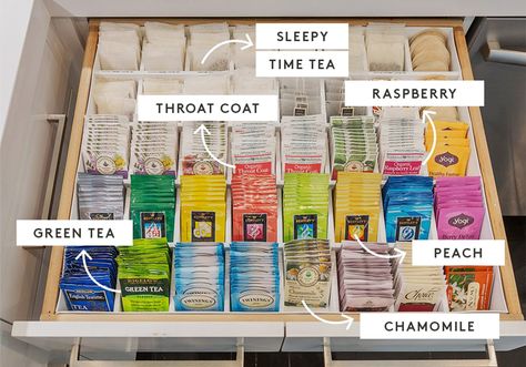 Khloe Kardashian Home Organization - Organized Drawers | Khloé Kardashian shared a photo of her tea drawer, and it's so organized we almost can't believe it. #refinery29 http://www.refinery29.com/2016/10/127413/khloe-kardashian-organized-tea-drawer Khloe Kardashian Home, Tea Drawer, Khloe Kardashian House, Khloe Kardashian Show, Kardashian Home, Tea Organization, Tea Station, Khloé Kardashian, Tea Storage