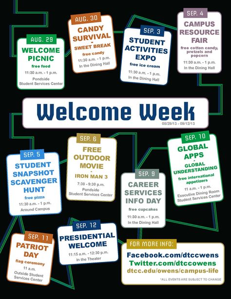 Welcome Week events are designed to help you become part of the campus and meet fellow students. Events To Do At School, Orientation Week Activities College, Welcome Week College Events, Campus Activities Board Events, College Students Images, Fun College Events, Student Council Activities, College Event Ideas, Activities Board