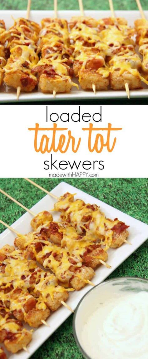 Appetizers Superbowl, Skewers Appetizers, Tater Tot Skewers, Tater Tot Appetizers, Loaded Tater Tot, Skewer Appetizers, Bowl Party Food, Football Snacks, Football Party Food