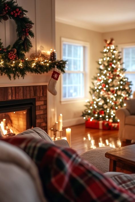 Transform your living room into a warm winter wonderland with a beautifully lit Christmas tree and festive garlands. Embrace the cozy vibes by the fireplace with soft lighting and seasonal decorations. #winterhomedecor #holidayvibes #cozyhome Christmas Aesthetic Cozy Living Room, Christmas Tree With Fireplace, Cozy Holiday Living Room, Cozy Christmas Living Room Fireplaces, Cozy Warm Christmas Aesthetic, Cosy Christmas Living Room, Christmas Tree Aesthetic Cozy, Christmas Inspiration Decoration, Early Christmas Decorating