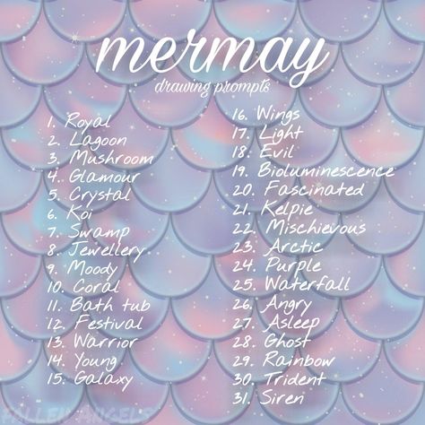 Aesthetic Drawing Prompts, June Drawing Challenge 2024, Mermay Prompt List, Fantasy Art Prompts, Mermaid Oc Challenge, Mermay Prompt 2024, Monthly Drawing Prompts, Mermay Prompt 2023, Mermaid Base Drawing