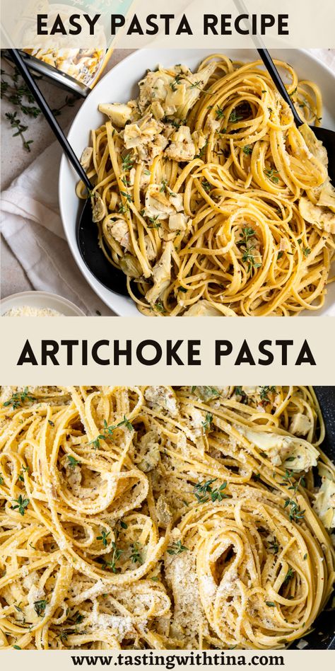 You'll love this delicious Herby Artichoke Pasta! With a light cream sauce, fragrant herbs, and Reese Artichokes, this pasta is a hit for weeknight dinners or great for holiday entertaining! Artichoke Noodle Recipes, Artichoke Lemon Pasta Recipes, Pesto Pasta With Artichokes, Chicken Artichoke Recipes Pasta, Lemon Spaghetti With Roasted Artichokes, Mushroom Artichoke Pasta, Pesto Artichoke Pasta, Boursin Artichoke Pasta, Unique Pasta Sauce