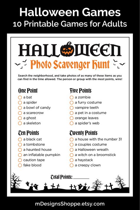 Halloween Games Bundle for adults with 10 printable games included. Each game has HALLOWEEN written in black lettering with a black and orange jack o lantern taking the place of the O. Underneath, the name of each game is written in orange, gothic lettering. bats fly out from either side. Along the bottom is a black border with creepy trees, ghosts and tombstones. Halloween House Party Activities, Witchy Party Games, Halloween Scavenger Hunt For Adults, Halloween Activities Adults, Halloween Party Activities For Adults, Halloween Games For Party, Printable Games For Adults, Halloween Party Games For Adults, Halloween Games For Adults