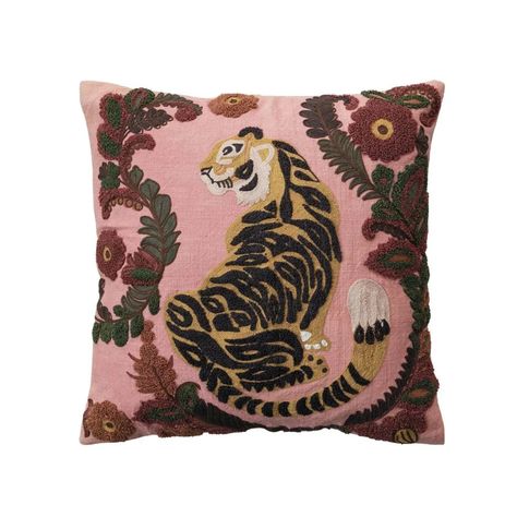 Mockingbird on Broad | Southern Pines, NC | Free US Shipping $100+ Mid Century Throw Pillows, Tiger And Flowers, Funky Throw Pillows, Tiger Pillow, Global Boho, Embroidered Tiger, Tiger Embroidery, Southern Pine, Pillow Styling