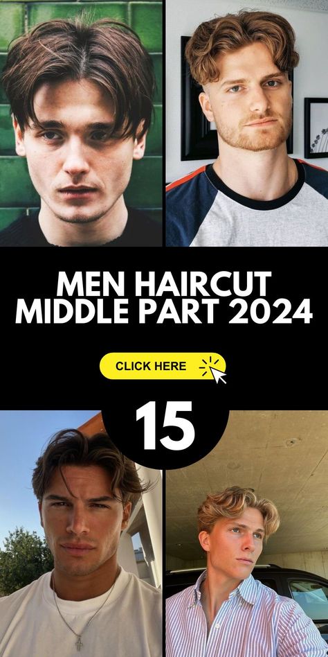 The middle part men's haircut is back and better than ever in 2024. This trend is all about balance, with short sides and a medium-length top that can be styled straight, wavy, or even curly for a unique twist. It's a versatile look that complements various styles, and it's perfect for those who want to stay on-trend in the new year. Men Hairstyles Middle Part, Men’s Hairstyles Middle Part Hair, Men’s Parted Haircut, Men Haircut Parted In The Middle, Men’s Short Back And Sides, Medium Length Haircut Men Middle Part, Men’s Center Part Haircut, Curtain Fade Haircut Men, Off Center Part Hairstyles Men