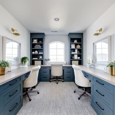 Multi-person office, Coastal Office decor ideas for 3 people with Teal Blue Lower Cabinets via @clarkandcohomes Wrap Around Office Built Ins, Coastal Office Decor, Upstairs Addition, Townhouse Ideas, Coastal Office, Office Rooms, Double Desk, Office Built Ins, Simple Office