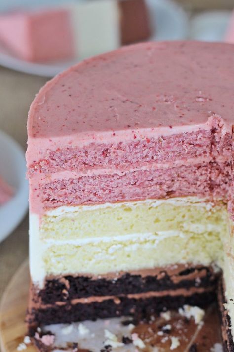 Neapolitan Cake | Cake by Courtney Two Flavor Cake, Cake By Courtney Recipes, Neapolitan Cake Recipe, Layer Cake Ideas, Cakes By Courtney, Neopolitan Cake, Amazing Cake Recipes, Neapolitan Cake, Cake By Courtney