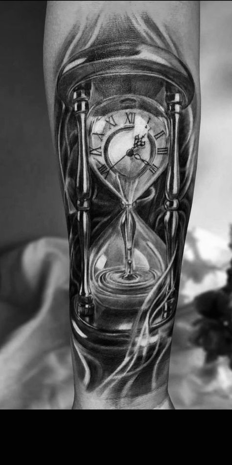 Hourglass Forearm Tattoo Men, Time Fading Tattoo, Hourglass Leg Tattoo, Time Running Out Tattoo, Egg Timer Tattoo, In Memoriam Tattoo, Engine Heart Tattoo, Broken Clock Tat, Clock Sleeve Tattoos For Guys