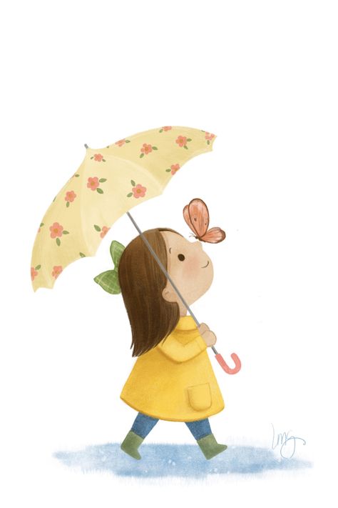 A character illustration by freelance illustrator Lisa M Griffin featuring a little girl with a floral umbrella and butterfly perched on her nose. Girl With Butterfly, Umbrella Drawing, Rain Illustration, Umbrella Illustration, Illustration Art Kids, Spring Illustration, Watercolor Paintings Nature, Creative Friends, Butterfly Illustration