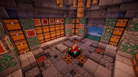 Medieval Storage Room Minecraft Project Minecraft Basement Ideas Survival, Storage Area Minecraft, Minecraft Catacombs, Minecraft Armory Room, Minecraft Wall Design, Minecraft Chest Room, Storage Room Design, Minecraft Storage Room Ideas, Minecraft Storage Room