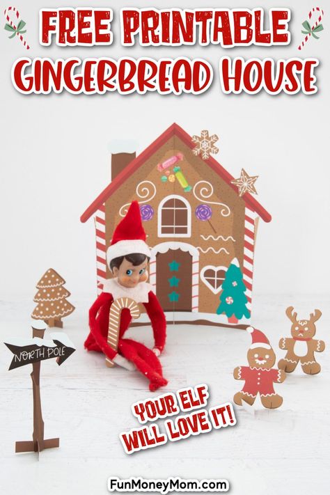 This adorable free printable Elf On The Shelf gingerbread house is such a cute idea for the holiday season. The kids will love waking up to these special Elf On The Shelf props! Elf On The Shelf Patterns Free Printable, Elf On The Shelf Template, Elf On Shelf Printables Free, Elf Gingerbread House, Elf With Gingerbread House, Elf On The Shelf Ideas Printables Free, Elf House Diy, Elf On The Shelf House Ideas, Free Elf Printables