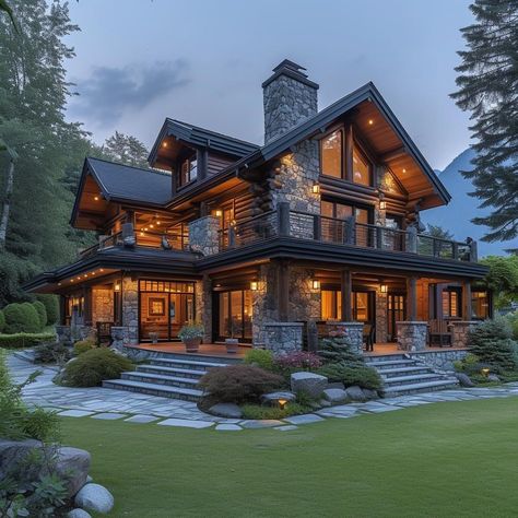 Big Houses In The Woods, Luxury Log Cabins Exterior, Lodge Style Homes Exterior, Cabin Homes Exterior, Wooden House Exterior, Modern Cabin Exterior, Big Cabin, Dining Table Ideas, Mountain Dream Homes