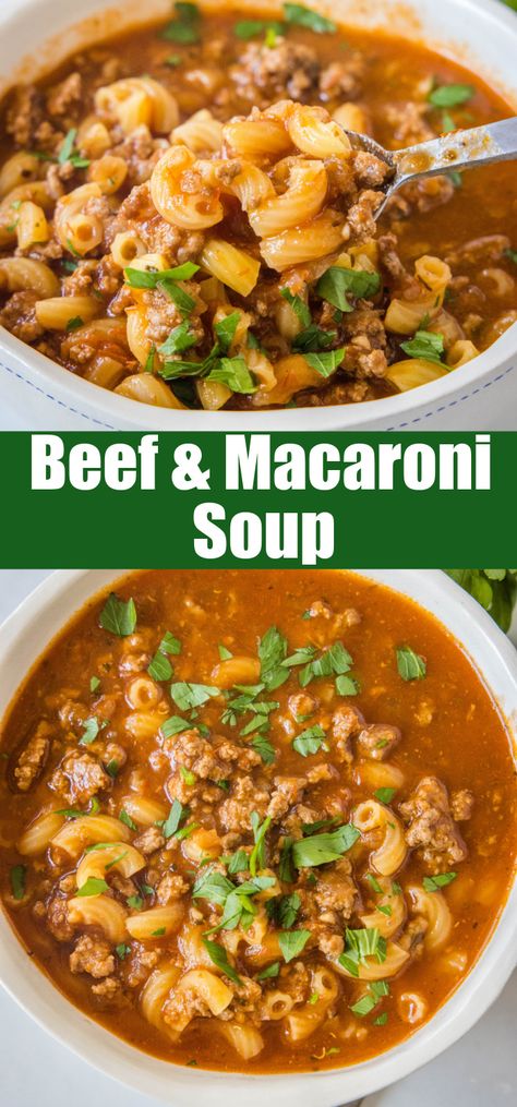 This hearty one-pot beef macaroni soup is filled with savory ground beef, elbow macaroni, and Italian herbs in a rich tomato-based broth.