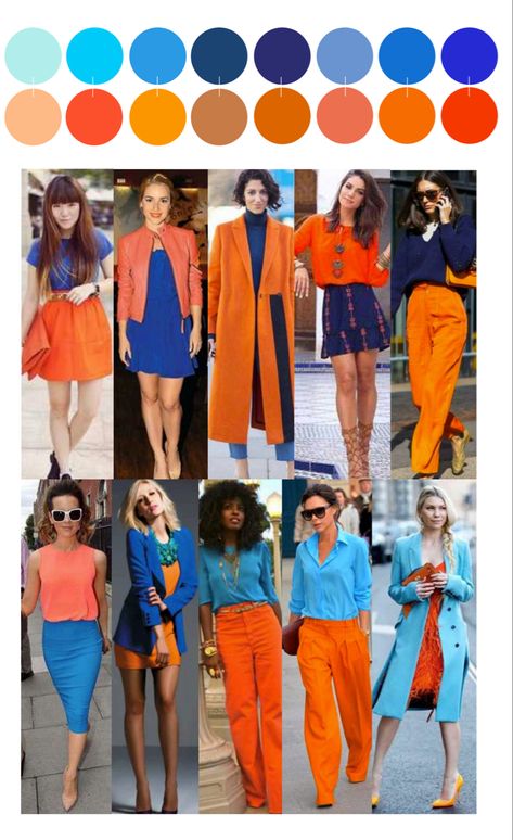 Couleurs complémentaire Wardrobe Color Guide, Bright Colors Fashion, Colour Combinations Fashion, Blue Outfits, Color Combos Outfit, Color Blocking Outfits, Color Combinations For Clothes, Color Trends Fashion, Colourful Outfits