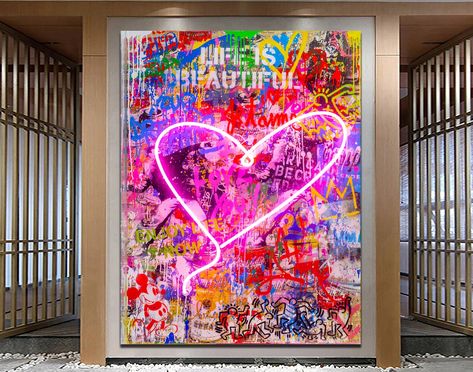 Pop Art Wall Decor, Neon Graffiti, Bright Wall Art, Neon Heart, Art 2022, Colorful Pop Art, Urban Decor, Bright Walls, Heart Painting