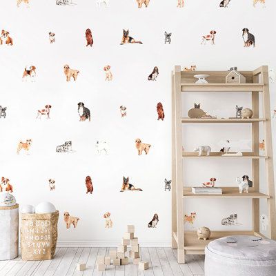 Our Dog decal pack will supply any space with the pawsome decor you’ve been looking for. | Wildon Home® Wall Decal 50.0 W in black / brown / whiteVinyl in Black;brown;white | Wayfair | Home Decor Dog Wall Decals, Puppy Nursery, Dog Nursery, Glider Rocker, Dog Decals, Project Nursery, Textured Wall, Accent Walls, Nursery Themes