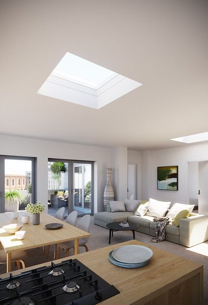 Sky Light Living Room, Skylight Dining Room, Skylight Before And After, Skylights Living Room, Sky Lights In Living Room, Living Room Skylight, Room Skylight, Skylight Living Room, Skylight Kitchen