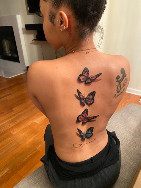 Back/ spin tattoos 3d Butterfly Tattoo On Back, Butterfly Tattoo Spine Tat, 3 D Butterfly Tattoo, Spine Tattoos With Butterflies, Butterfly Back Tattoo Women Black, Spine Tattoos For Women Butterflies, Butterfly Spine Tattoos For Women, Spine Butterfly Tattoo, Stomach Butterfly Tattoo