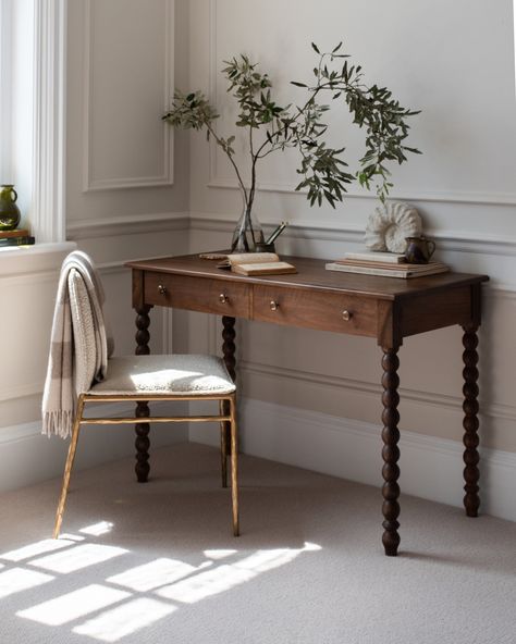 Attica Studios | Introducing… The Sintra Bobbin Writing Desk 🤎 It was designed to create the perfect balance between the intricate lines of our signature … | Instagram Country Bedside Table, Small Vintage Desk, Small Writing Desk, English Cottage Interiors, Cottage Modern, Apartment Makeover, Dream House Rooms, Home Office Setup, Dream House Interior