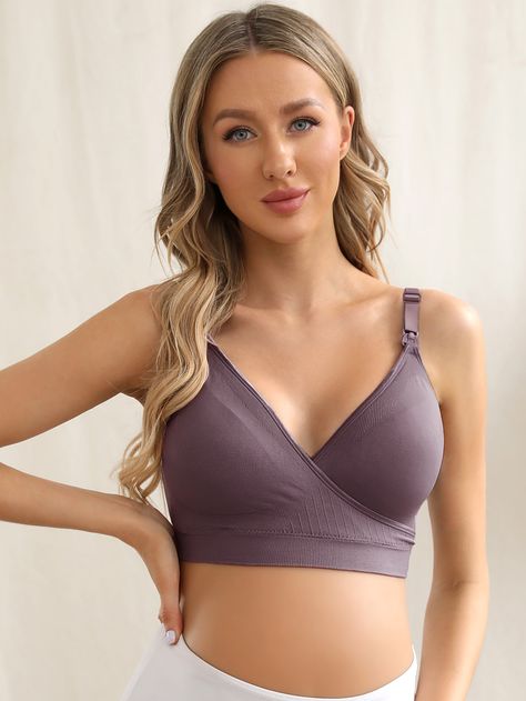 Mauve Purple Casual Collar  Polyester Plain Nursing Embellished Medium Stretch  Maternity Maternity Two Piece, Feeding Bra, Maternity Coat, Post Pregnancy Fashion, Shein Maternity, Maternity Jumpsuit, Mommy Outfits, Breastfeeding Clothes, Maternity Lingerie