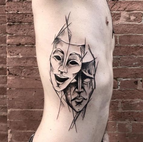 Drama Faces Tattoo, Drama Face Tattoo, Drama Faces, Theater Mask Tattoo, Face Tattoo Ideas, Faces Tattoo, Natur Tattoo Arm, Hellboy Tattoo, Drama Masks