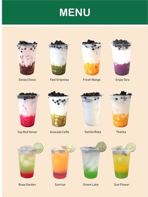 Menu Boba Drink, Milk Tea Menu, Boba Tea Flavors, Boba Menu, Bubble Tea Design, Mini Cafeteria, Bubble Tea Menu, Boba Tea Recipe, Bubble Tee